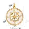 Golden ship wheel pendant with white enamel, compass letters, and sparkling zircons - Compass White Enamel