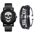 Men's hip hop watch set with skull dial and black leather braided bracelet on white backdrop - Silver / Watch+Bracelet