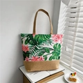 Linen tote bag with tropical leaf floral print and jute handle in casual style - Pink Large Flower
