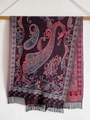 Detail of dark purple cashmere-style shawl with ethnic paisley patterns and fringe - 70*180cm / T140-05 Purple Gold Red
