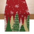 Runner da tavola natalizio rosso con alberi verdi festivi e fiocchi di neve bianchi - Motivo ad Albero di Natale Rosso
