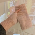 Pink plush knit fingerless gloves for women with ribbed cuffs for winter warmth - One Size / Pink