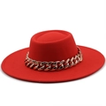 Detailed close-up of wide-brimmed red wool felt hat featuring a chunky gold chain detail - M (56-58cm) / Orange Red