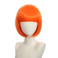Detail view of a vibrant orange short bob wig with bangs on a professional mannequin - Orange