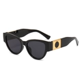 Oval cat-eye sunglasses in shiny black frame with gold metal temple accent piece - Black Frame Black Grey Lens