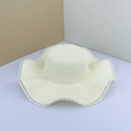 Creamy white wide brim straw hat with elegant wavy edges and detailed mesh weaving - M(56-58cm) / Creamy White (Lace Trim)