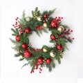 Christmas wreath variant with red berries, gold ornaments and artificial pine needles - Classic Red Gold Faceted Ball Style (SDHH010-12)