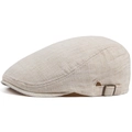 Breathable beige linen flat cap for men featuring adjustable bronze side buckles - Adjustable (54-59cm) / Off White