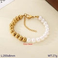 Bracciale regolabile con perle in acciaio inossidabile dorato e perle di vetro bianche - Stile Giuntato Perla Dorata e Perla di Vetro / Oro (KB207003-Z)