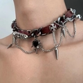 Punk leather choker with metal heart pendant, crosses, and silver spikes jewelry - Wrapped Metal Leather Heart Choker (X3742)