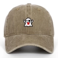Close-up of cute ghost embroidery on khaki washed cotton baseball cap with curved brim - One Size / Khaki