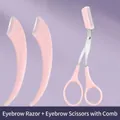 Pink beginner eyebrow trimmer set with protective razor blades and comb scissors - Eyebrow Scissors + 2 Razors 3-Piece Set