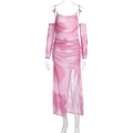 Dettaglio dell'abito in rete arricciata tie-dye rosa con spacco alto e manicotti - S / Tie-dye Rosa Bianco