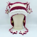 Handmade striped crochet cat ear hat with stars and tassels in pink and white - Red and White Striped