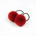 Pair of bright red faux fur pom-pom hair ties for girls with high elastic black bands - Burgundy