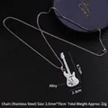 Electric guitar pendant necklace with leaf motif on stainless steel chain - Guitar No.33 + 70cm Steel Chain