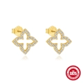 S925 sterling silver four-leaf clover stud earrings with gold plating and sparkling zircon - Gold Hollow Pave Rhinestone Petal