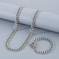 Conjunto de collar y pulsera de cadena cubana con cierre de barra en T y cristales de acero - Cadena Cubana Pulida de Dos Lados (10mm) / Pulsera 21cm / Color Acero