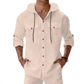 Men's linen long sleeve hooded shirt with double chest pockets in beige color - M / Shirt and Pants (ZT320) / Khaki