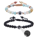 I Love You 100 languages projection stone bead bracelets for couples - Amazonite + Lava Stone