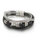 Bracciale multistrato in pelle intrecciata nera da uomo con chiusura magnetica in acciaio argento - Stile Acciaio (KB146289-KLHQ)