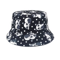 Detail of baby bucket hat featuring cartoon panda patterns and white polka dots on black fabric - Head Circumference 52-54cm / Black