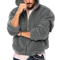 Dettaglio della giacca in pile grigio scuro con cappuccio a coulisse e polsini elastici - S / Grigio