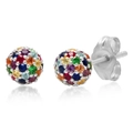 Detailed view of silver screw-back stud earrings with multi-color pavé crystals - Multicolor (Silver Base)