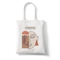 White canvas tote bag featuring minimalist face line art and earthy geometric shapes - Style M (Arabic Print)