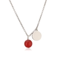 Close-up of a silver stainless steel necklace with a red stone bead and round pendant - Steel Red Agate