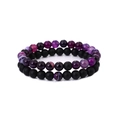 Detail of matte black and purple agate beaded bracelets set with elastic cord stones - Purple Line Agate + Matte Black