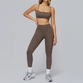 Brown heathered yoga set with thin strap sports bra and high-waisted gym leggings - S / Top And Bottom / Rock Brown