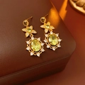 Detail of vintage gold earrings with oval light green zircon and halo crystal frame - Earrings-Green