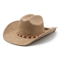 Classic khaki suede wide brim western cowboy hat with bohemian beaded band and tassels - M (56-57cm) / Camel