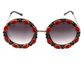 Retro-Rundsonnenbrille mit roten und schwarzen Kristallen auf goldenem Rahmen - Rote Marquise-Strasssteine/Goldener Rahmen