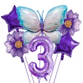 Purple theme 6-piece butterfly party balloon set with large number 3 and foil stars - Number 3 / Purple