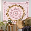 Detailed view of pink floral mandala tapestry with golden leaves hung in a cozy living room - 73X95CM (Cross-border Brushed Style) / JM001-4 Pink Mandala