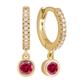 Detail of gold hoops with pavé white zircons and a round red gemstone pendant charm - Rose Red (Gold)