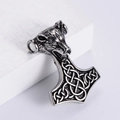 Vintage punk wolf head Mjolnir pendant in stainless steel with Celtic knot engravings - No Chain / Steel