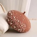Close-up of brown wool beret featuring elegant pearl and rhinestone embellishments - Adjustable (55-58cm) / Camel