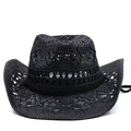 Sombrero de vaquero clásico de paja negra con diseño calado tejido a mano para el sol - M (56-58cm) / Negro