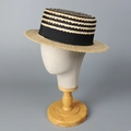 Cappello di paglia boater a righe con nastro nero per protezione solare da spiaggia - M (56-58cm) / Naturale + Nero