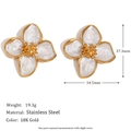Vintage style 18K gold plated stainless steel white flower earrings with 37mm dimensions - White Flower Stud Earrings - Gold