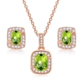 Detailed close-up of rose gold jewelry set featuring rectangular green zircon stones - Rose Gold + Olive Green Stone Set