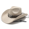 Classic beige suede western cowboy hat with metal bull head buckle and adjustable chin strap - M (56-58cm) / Beige