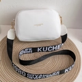 White faux leather rectangular crossbody bag with a wide black logo woven shoulder strap - White with Pattern