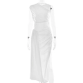 Detail of white one-shoulder maxi dress featuring ruched waist and irregular draped hemline - White