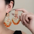 Bohemian style long drop earrings with orange beads and vintage hollow carved floral design - E5246-2 (Orange & Gold)