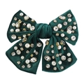 Detalle de pasador con lazo de terciopelo verde oscuro con perlas blancas y piedras - Pana / Verde Oscuro