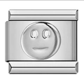 Silver Italian charm bracelet link featuring an embossed smiley face in polished steel - Steel Smiley Face-Y378